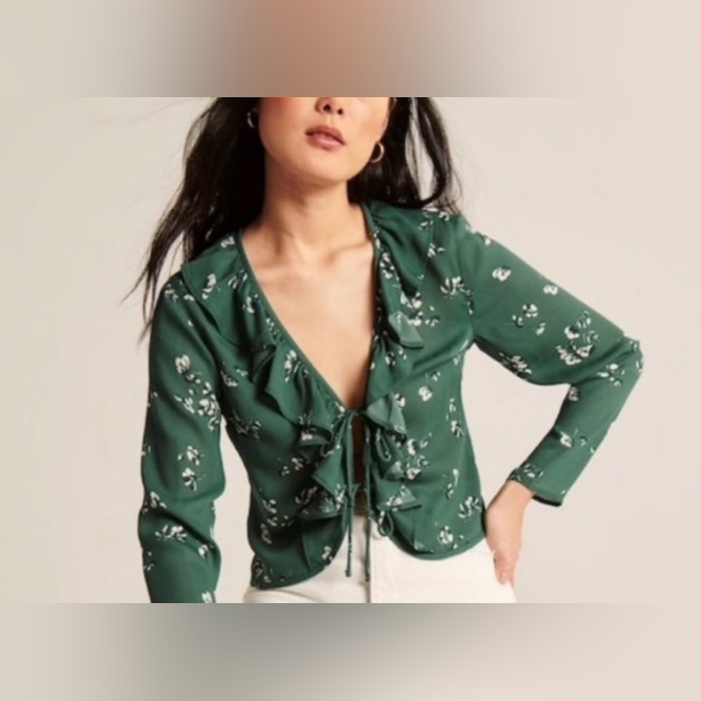 A&F Green Floral Front-Tie Top
